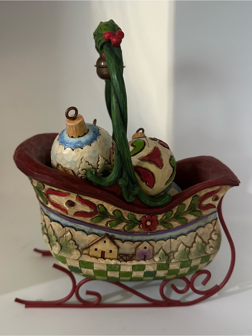 Jim Shore Red, Green, Cream and Blue Festive Sleigh with Ornaments